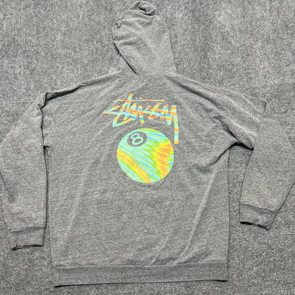 Stussy Hoodie Mens Large Gray Fleece Pullover Kangaroo Pocket 8 Ball Graphic